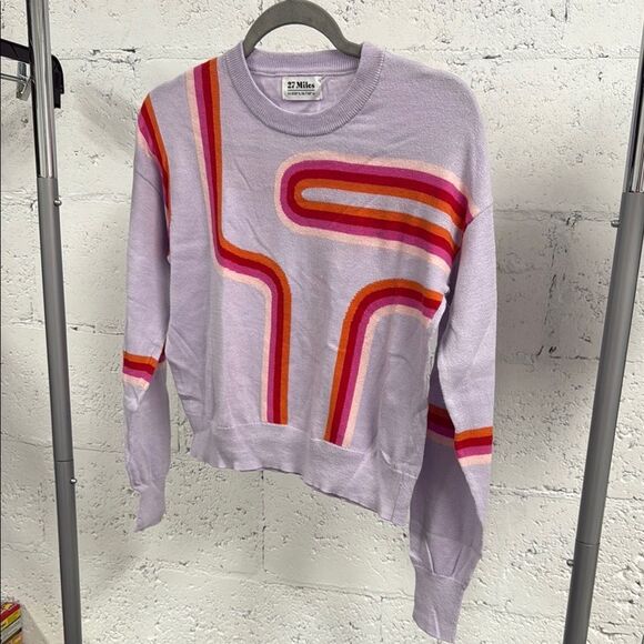 27 MILES Purple Cashmere Sweater with Red and Orange Stripes - Medium - Like New - Picture 1 of 3